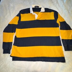 Ralph Lauren Men's Navy and Yellow Rugby Shirt Size XL Vintage